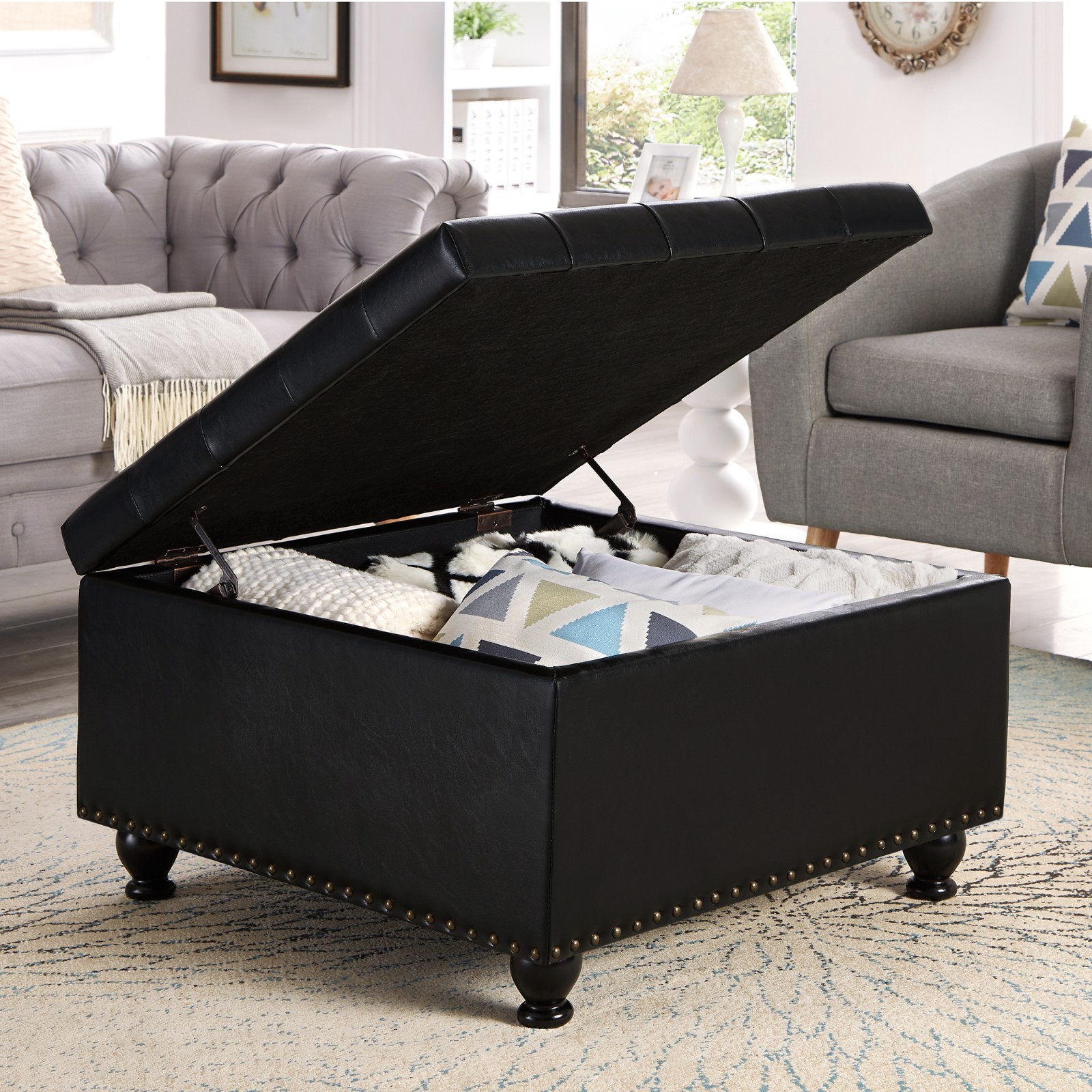 Square Button Tufted Storage Ottoman Upholstered Coffee Table With Nail Trims
