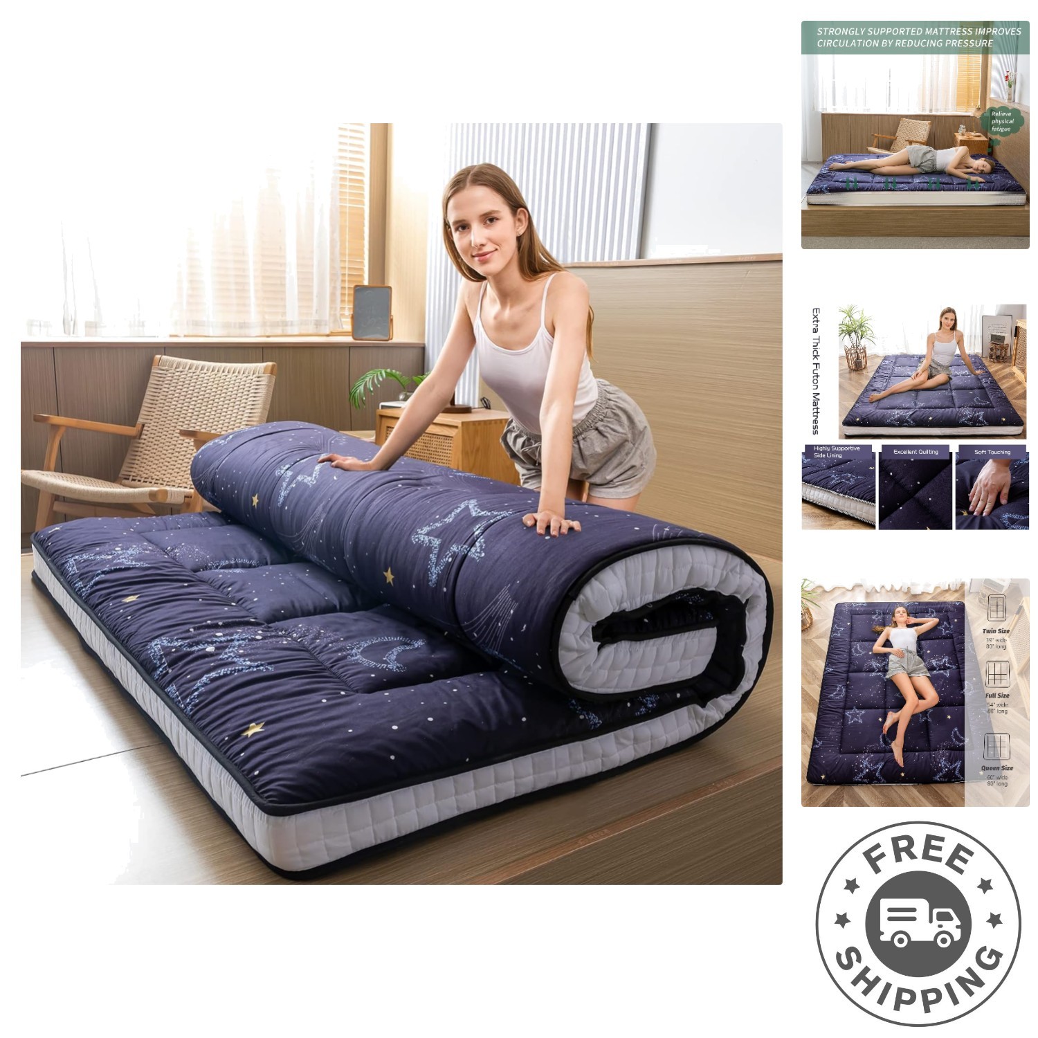 Reinforced Foldable Futon Mattress – Moon & Star Pattern, Breathable Comfort