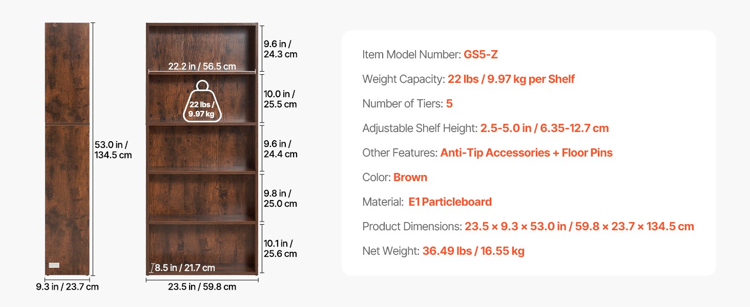 5 Tiers Narrow Bookshelf, Wooden Open Bookcase with Height-Adjustable Shelf,