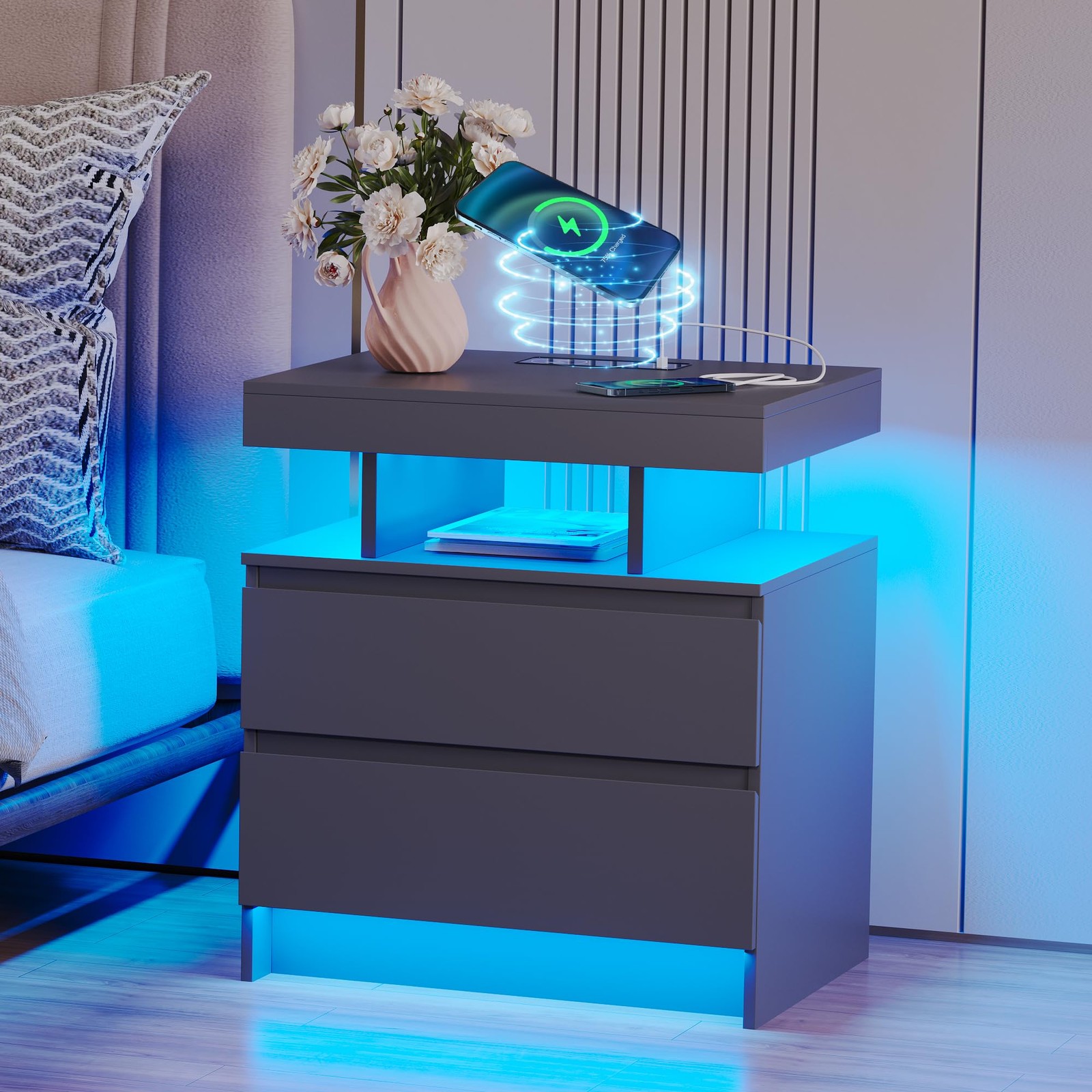 dnbss Nightstand with Charging Station and LED Light, Modern Large, Grey