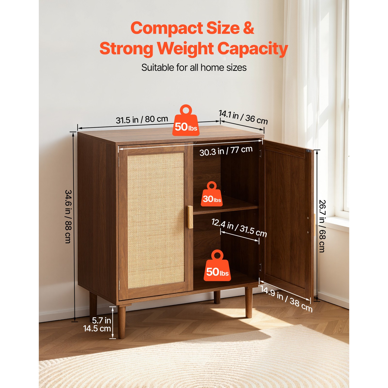 Uimoso Rattan Cabinet with 2 Magnetic Doors Adjustable Shelves Wooden Legs Khaki