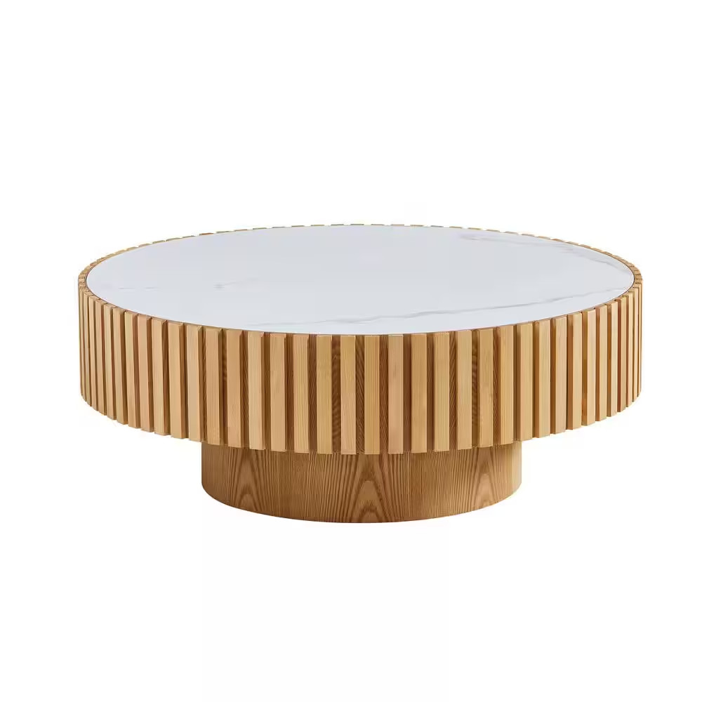 Grace Modern 35.43 In. Oak round Drum Sintered Stone Top Coffee Table