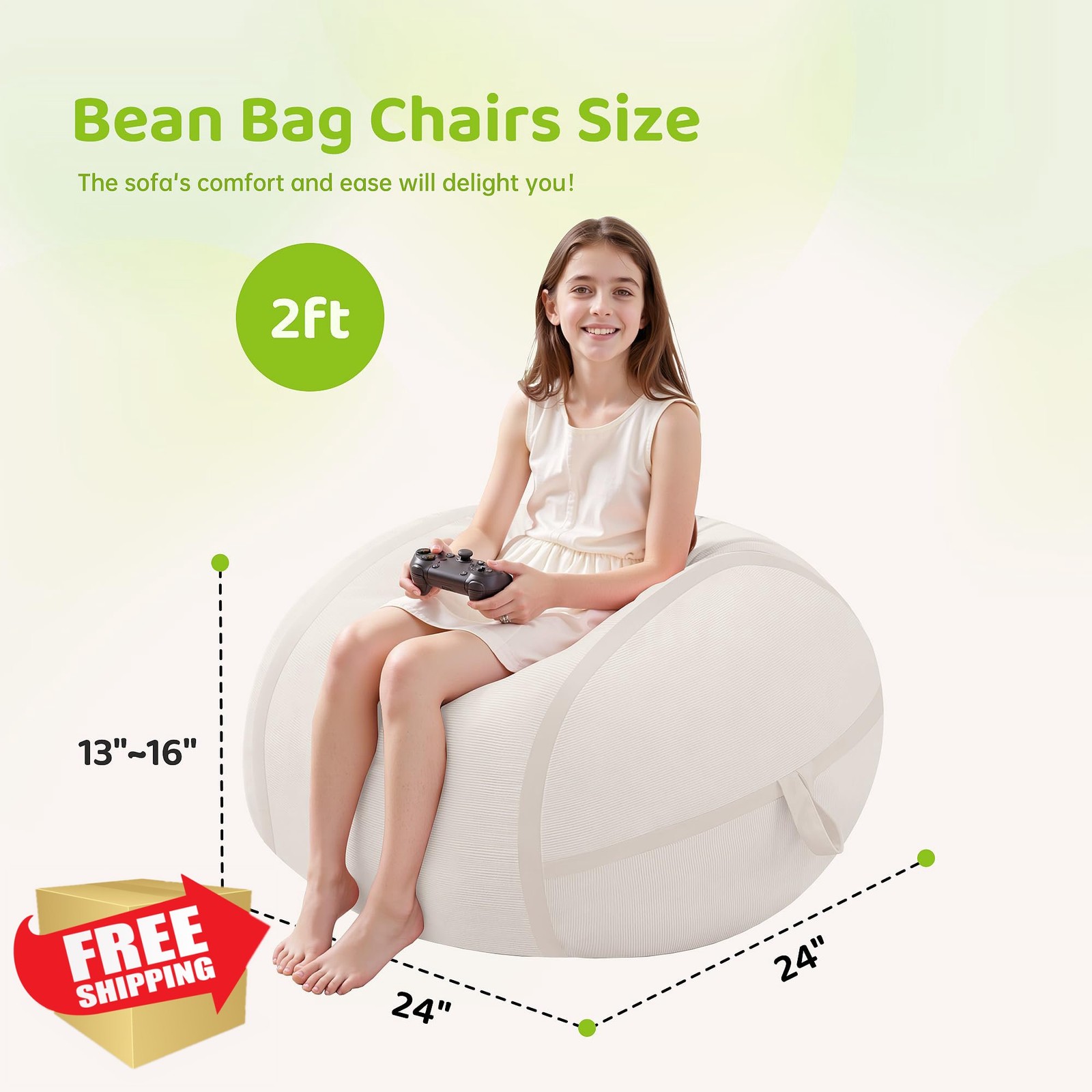 HABUTWAY 2FT Bean Bag Chair White Memory Foam Filled