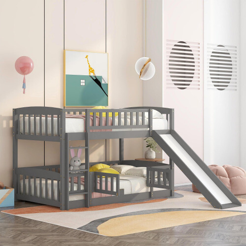 Low Bunk Bed with Slide and Fence Twin/Full Size Platform Bed Wooden Bed Frames
