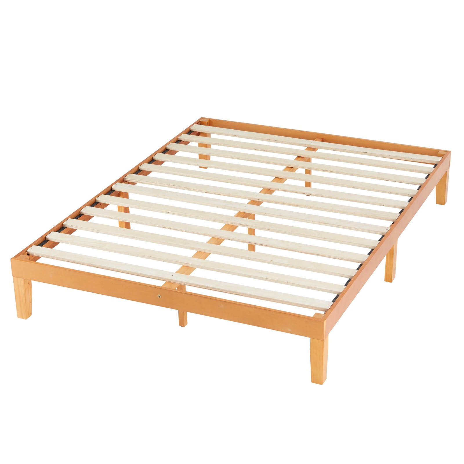Natural Pine Queen Size Wood Platform Bed Frame, 12″ High, Integrated Slats