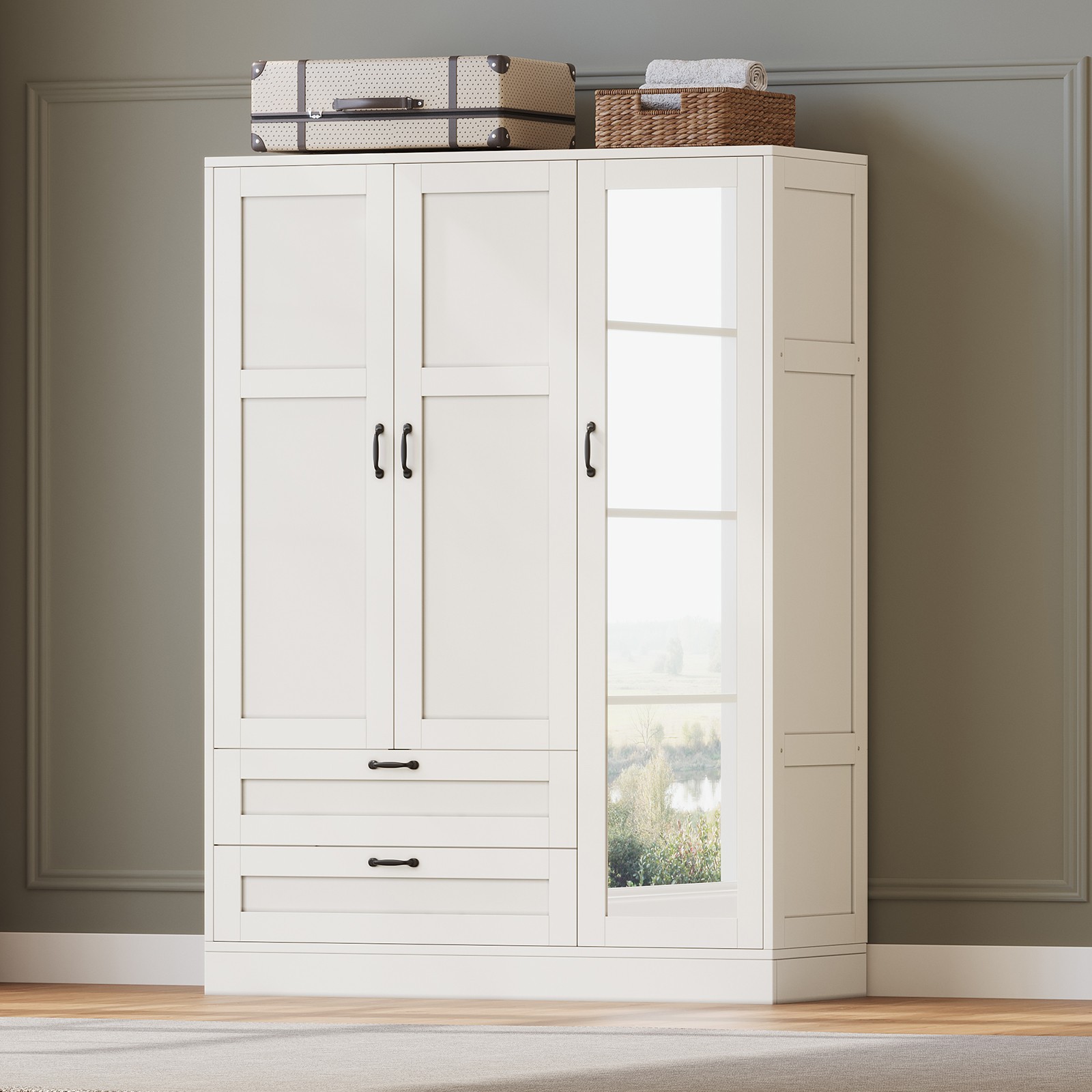 Narrow Armoire Wardrobe Closet with Mirror Hanging Rod 2 Drawers Storage