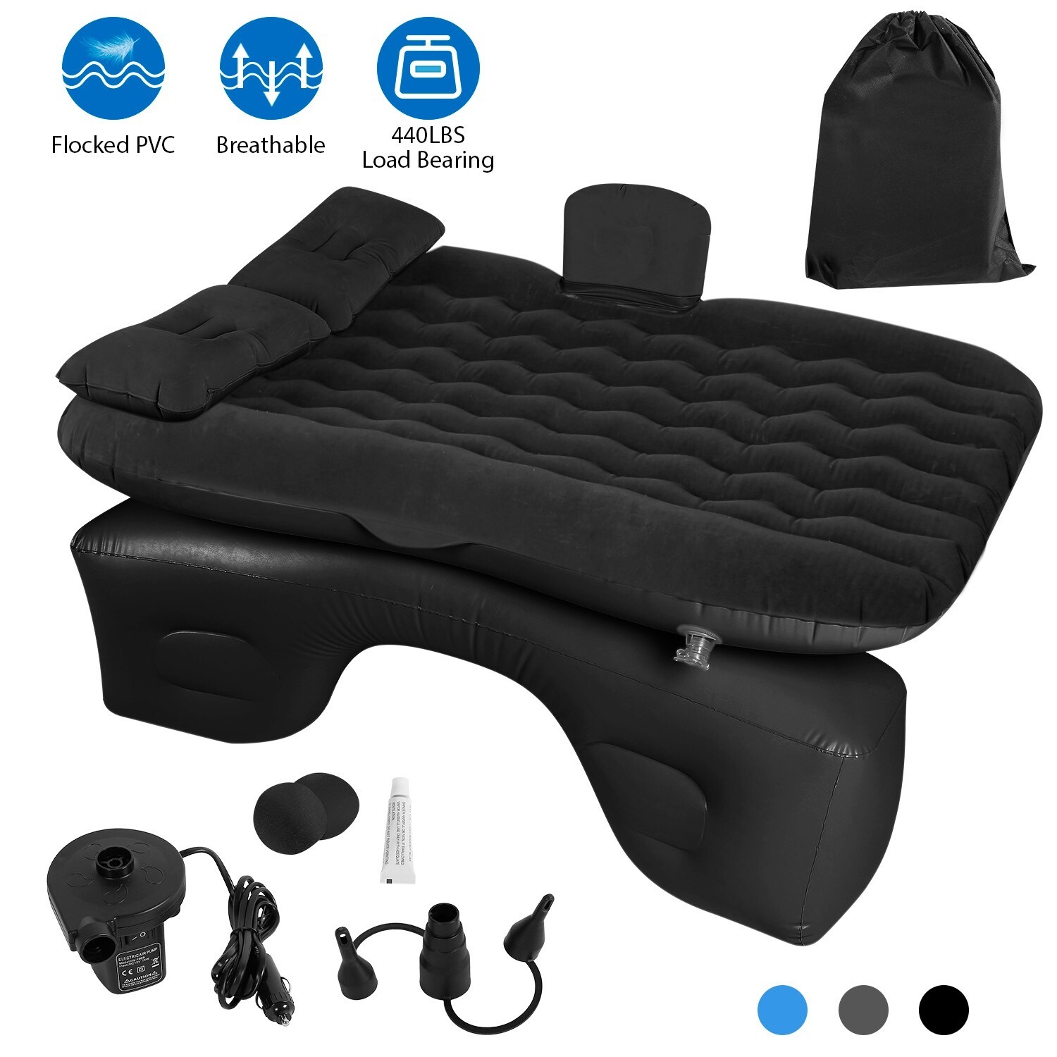 Inflatable Travel Car Air Mattress Back Seat Bed and Rest W/Pillows Pump and Bag