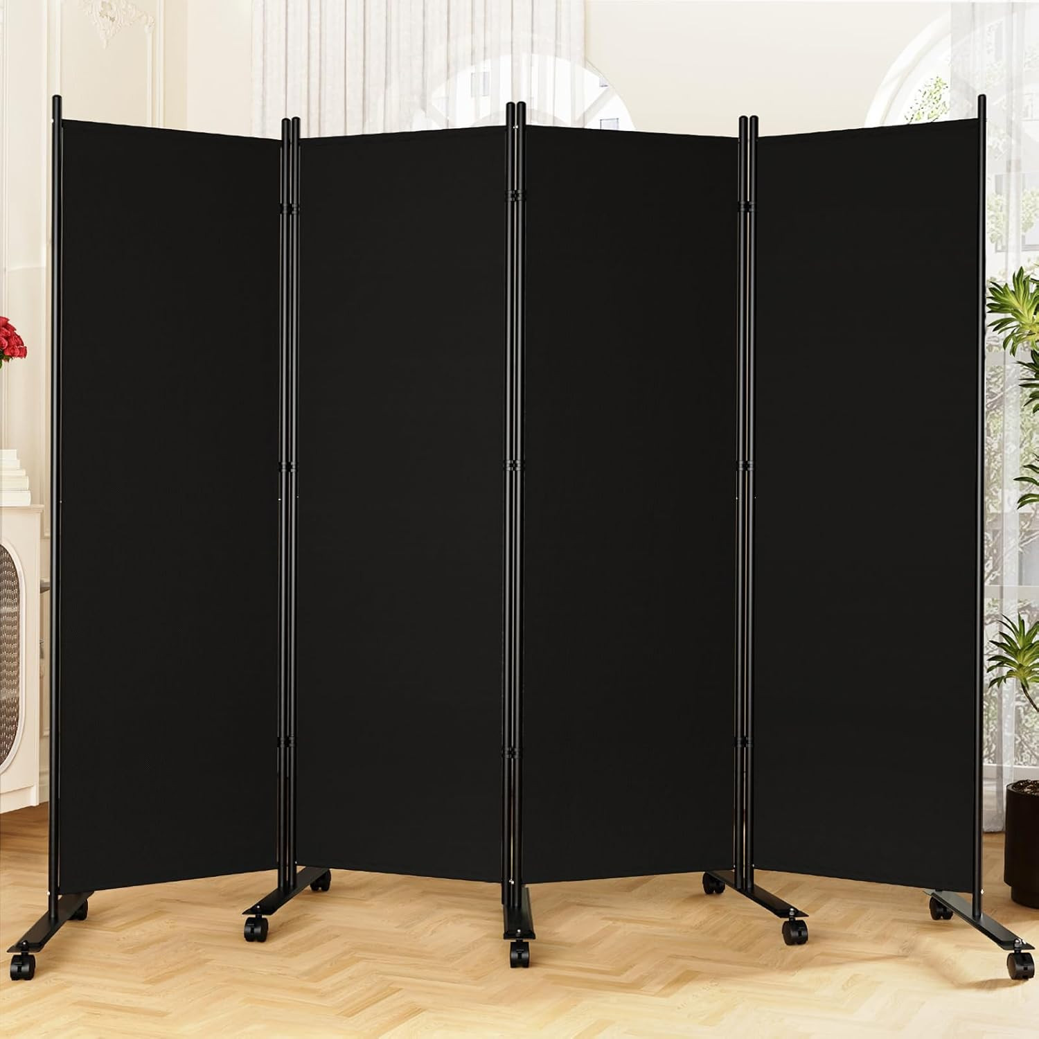 6FT Folding Room Divider with Lockable Wheels – 4 Panel Privacy Screen Black