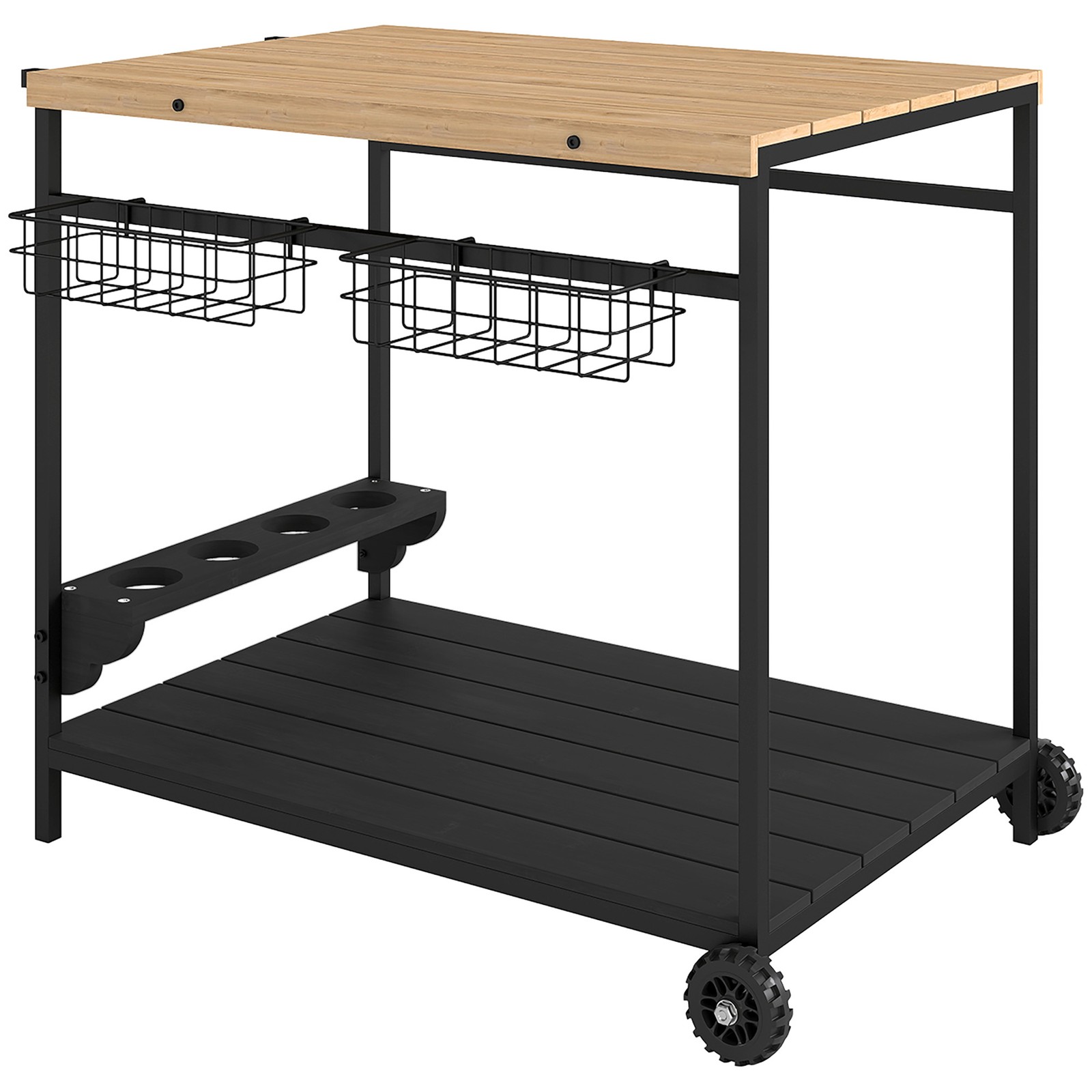 Outsunny Bar Cart Patio Serving Cart with Wine Holders Natural
