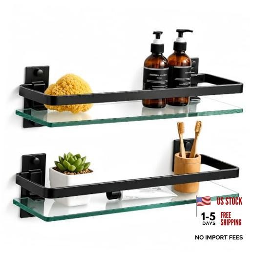 2 Pack Bathroom Glass Shelf, 15.7 Inches Black Bathroom Shower Black 2 Pack