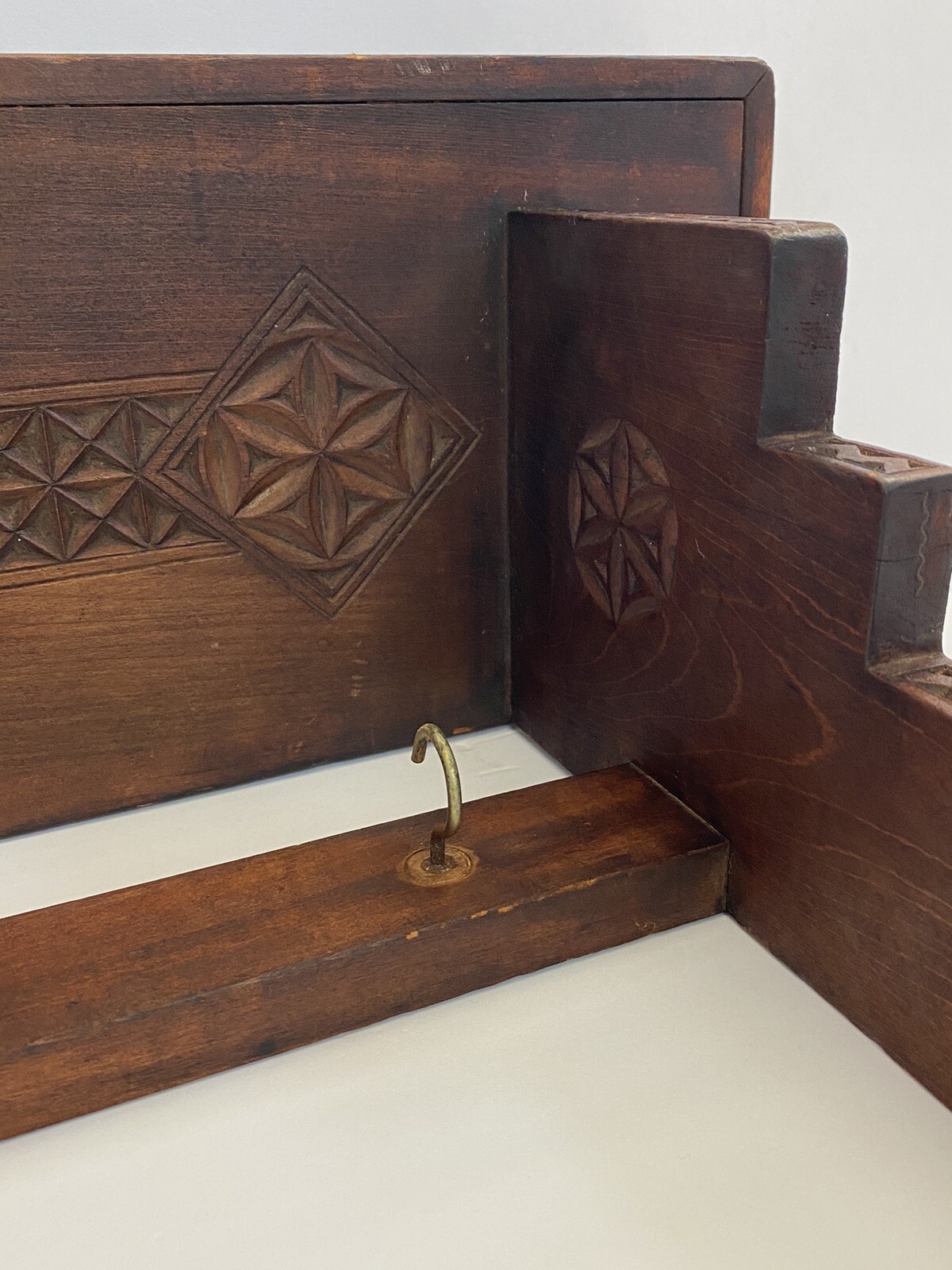 19thC ATQ Moorish Revival Eastlake Wood Carved Geometric Hat Rack Mantle Shelf