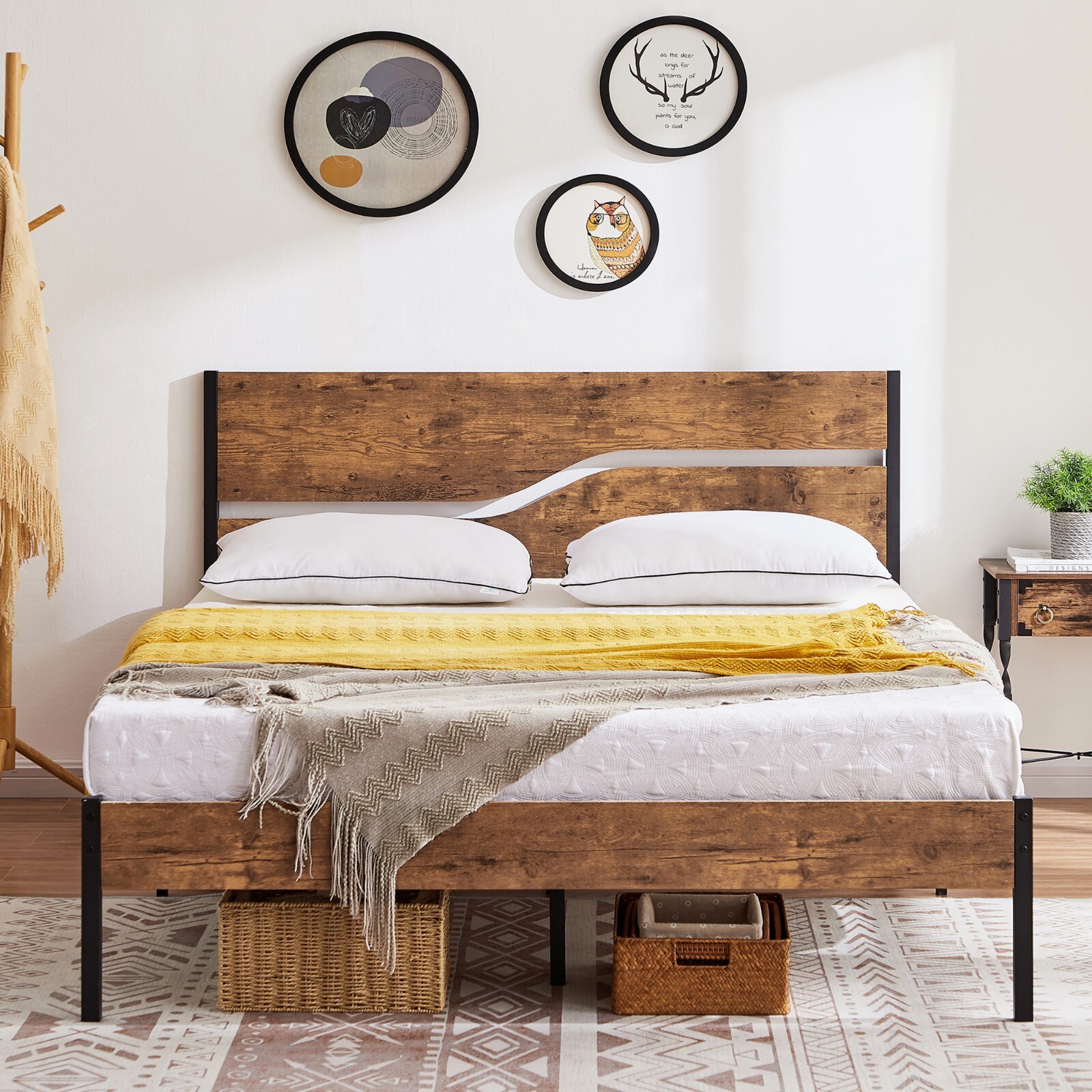 Twin/Full/Queen Size Metal Bed Frame Slat Support Wooden Headboard Footboard