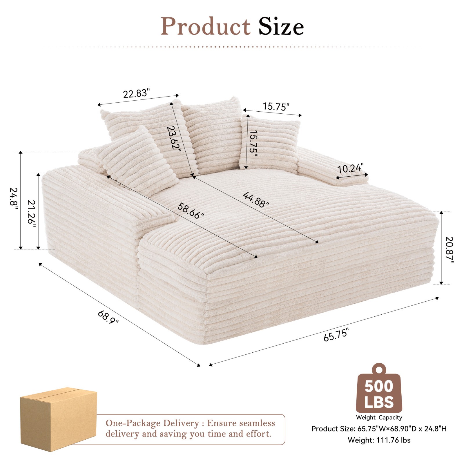 Oversized Chaise Lounge Sleeper Sofa Bed with 4 Pillows, Corduroy, Beige