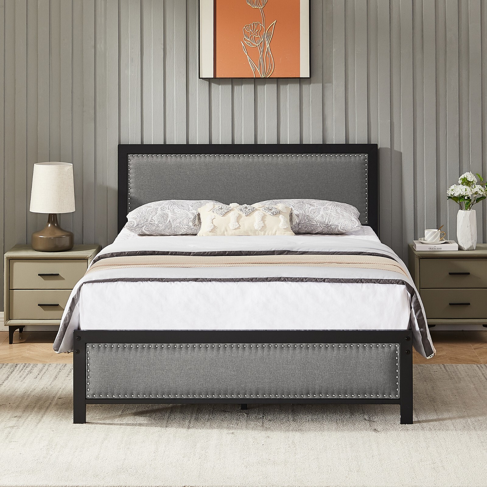 Twin/Full/Queen Bed Frame with Upholstered Headboard Heavy Metal Slats Platform