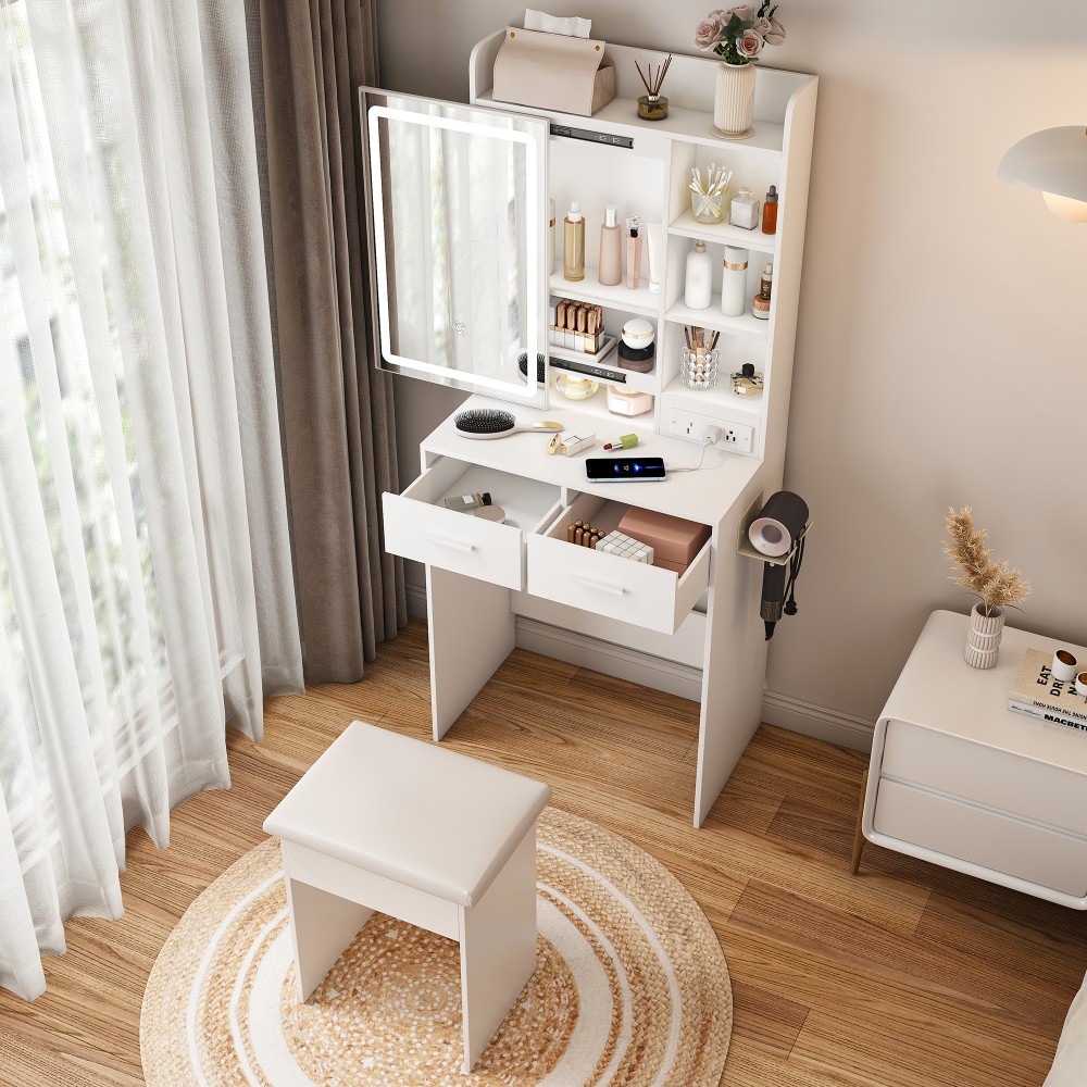 Space-Saving Vanity Table LED Mirror Built-in Power Outlet with Cushioned Stool