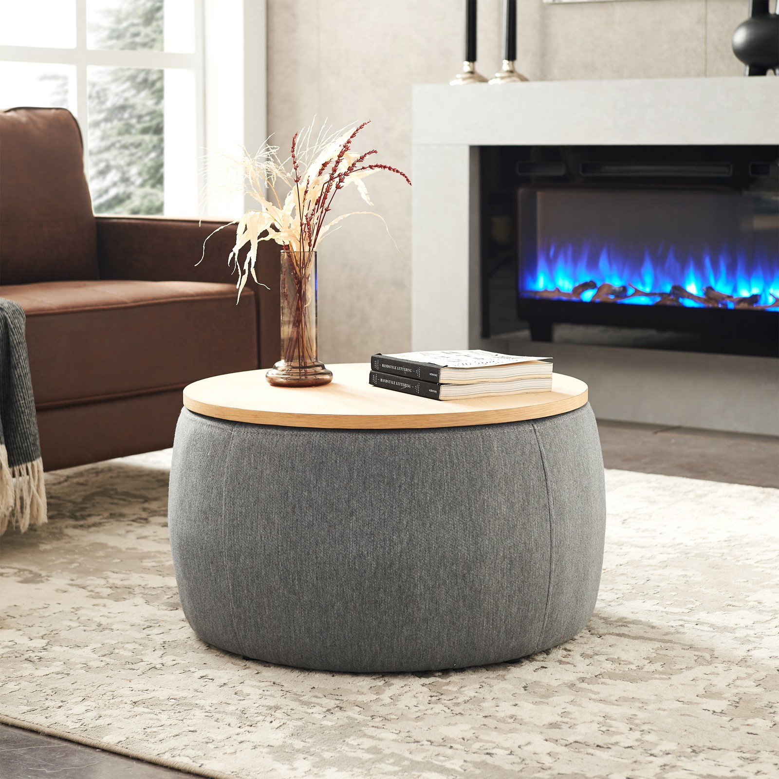 Round Storage Ottoman 2 in 1 Function End table Navy (25.5″x25.5″x14.5″) Fashion