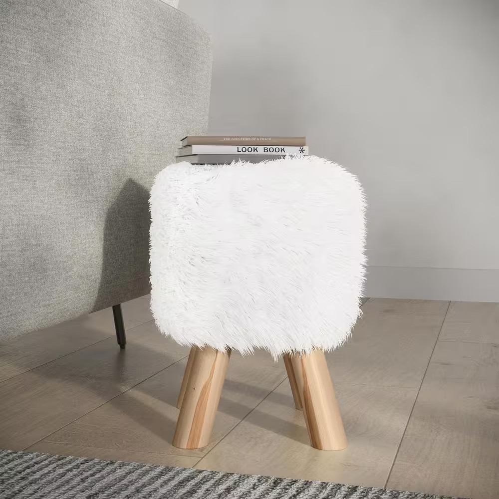 White Polyester Faux Fur Fabric round Footrest 11 In. Ottoman