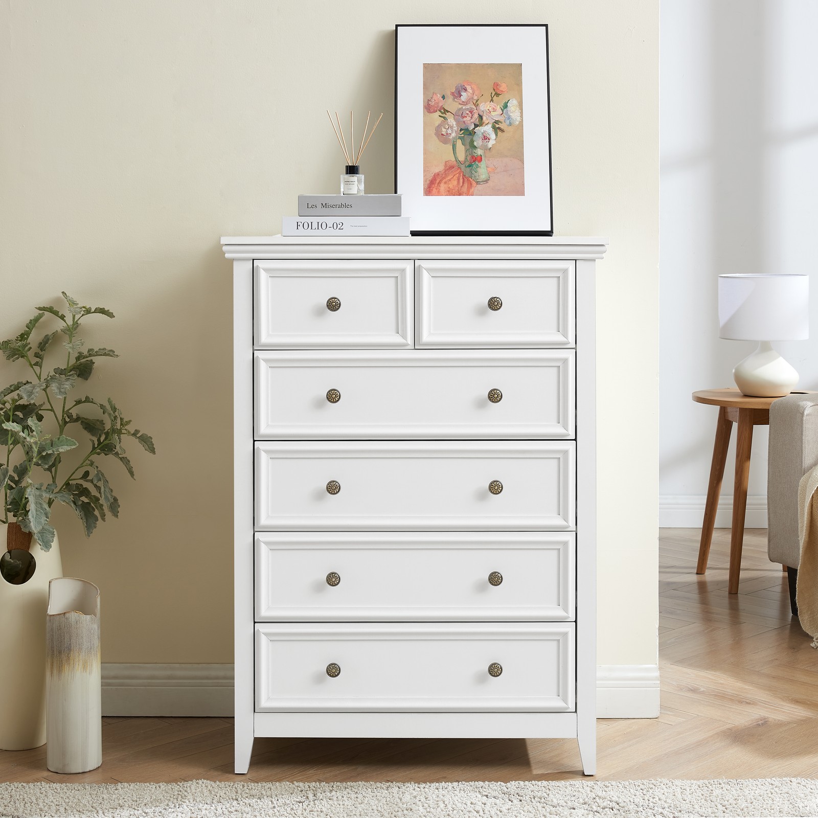 6 Drawer Dresser Cabinet, White MDF, 31.5″W x 15.75″D x 44.3″H