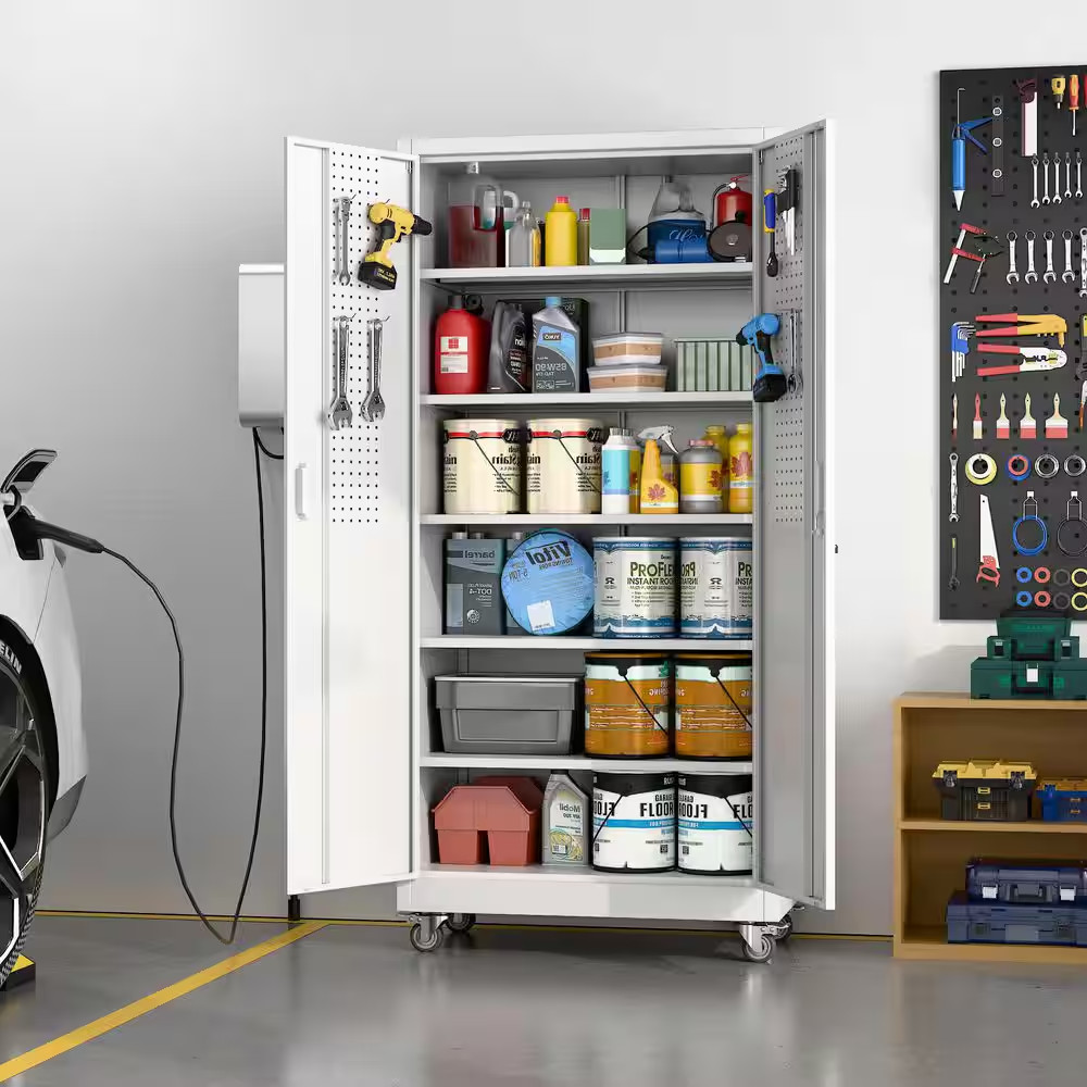 32 In. W X 71 In. H X 16 In. D Steel Rolling Freestanding Cabinet with 5-Adjusta