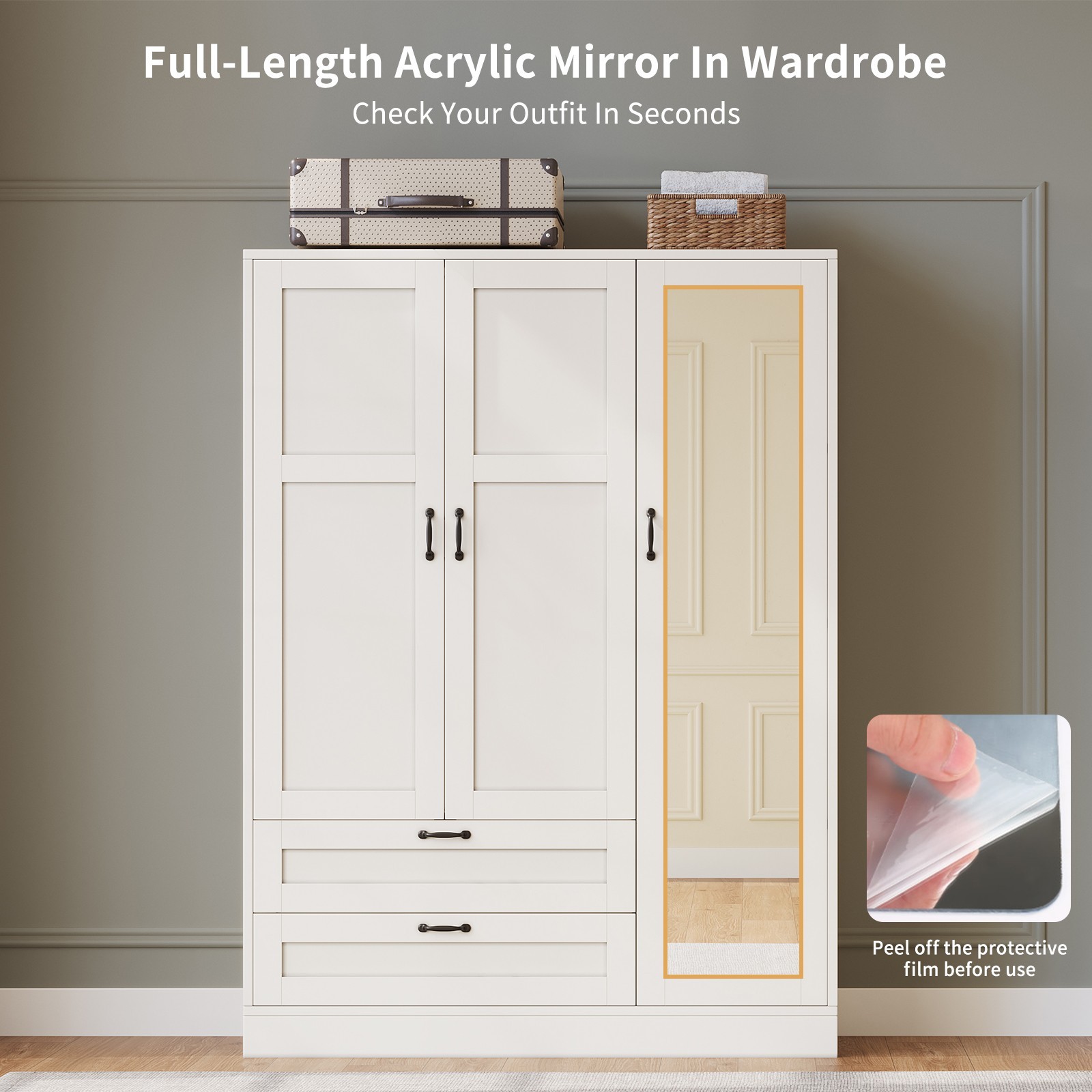 Narrow Armoire Wardrobe Closet with Mirror Hanging Rod 2 Drawers Storage