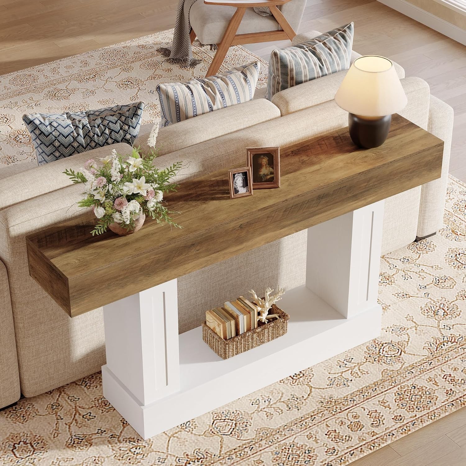 63″ Long Console Table for Entryway, Farmhouse 2-Tier Sofa Table Behind Couch