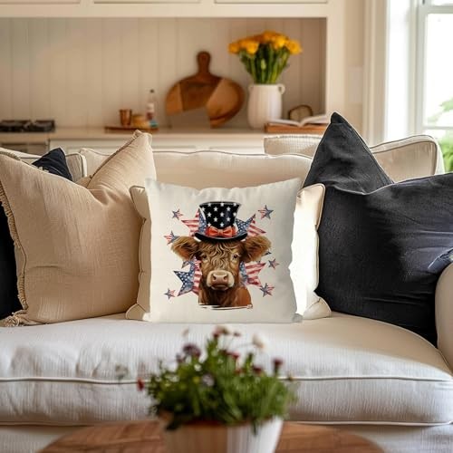 4th of July Pillow Covers 18×18 Inch American Patriotic Cow Stars Throw 18″x18″