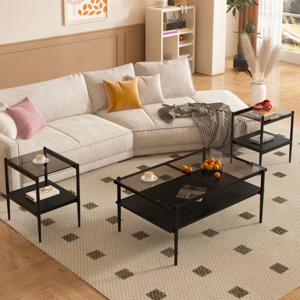 Coffee Table with Side Table Tempered Glass Top Smooth Edges MDF Base Iron Legs