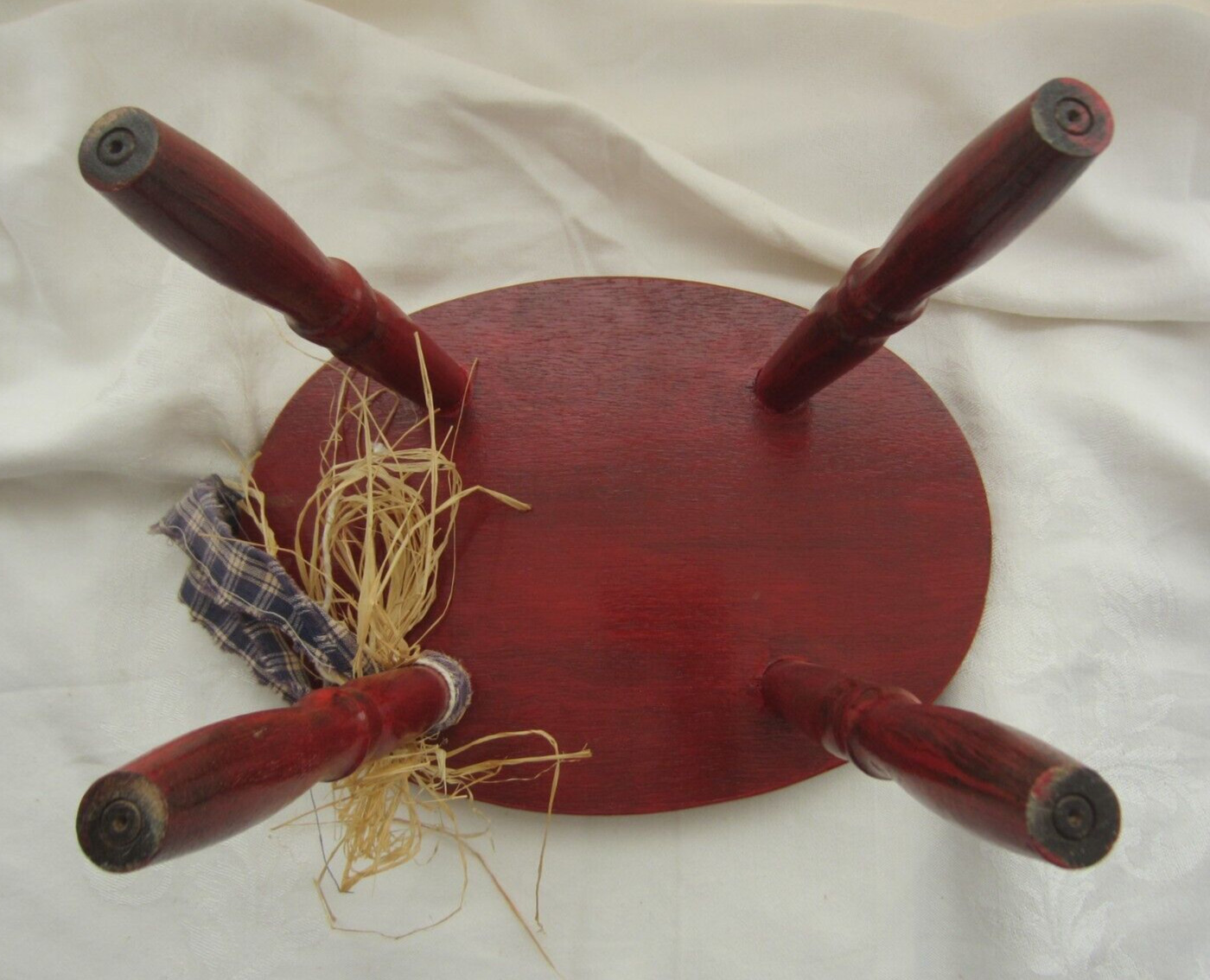 Wooden Red Painted Stool Oval Seat Country Wood Frame Display Stand Spindle Legs