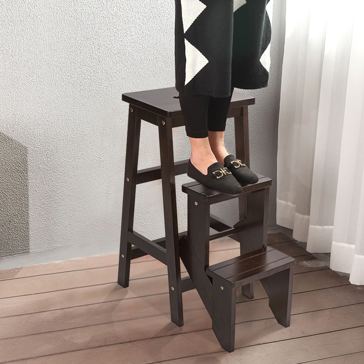 3 Tier Step Stool 3 in 1 Folding Ladder Bench Storage Shelf Brown