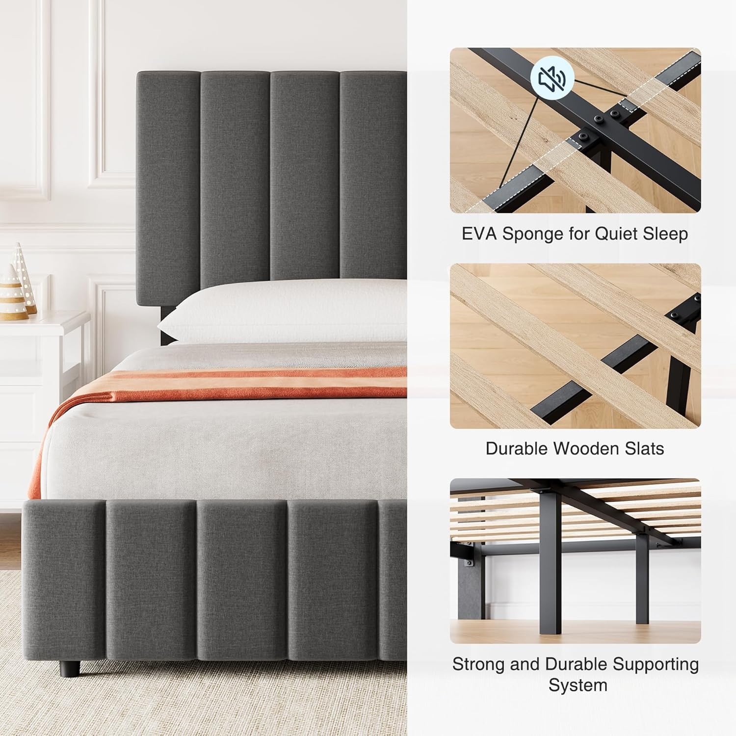 Queen Size Bed Frame with 4 Storage Drawers, Adjustable Height Headboard Grey