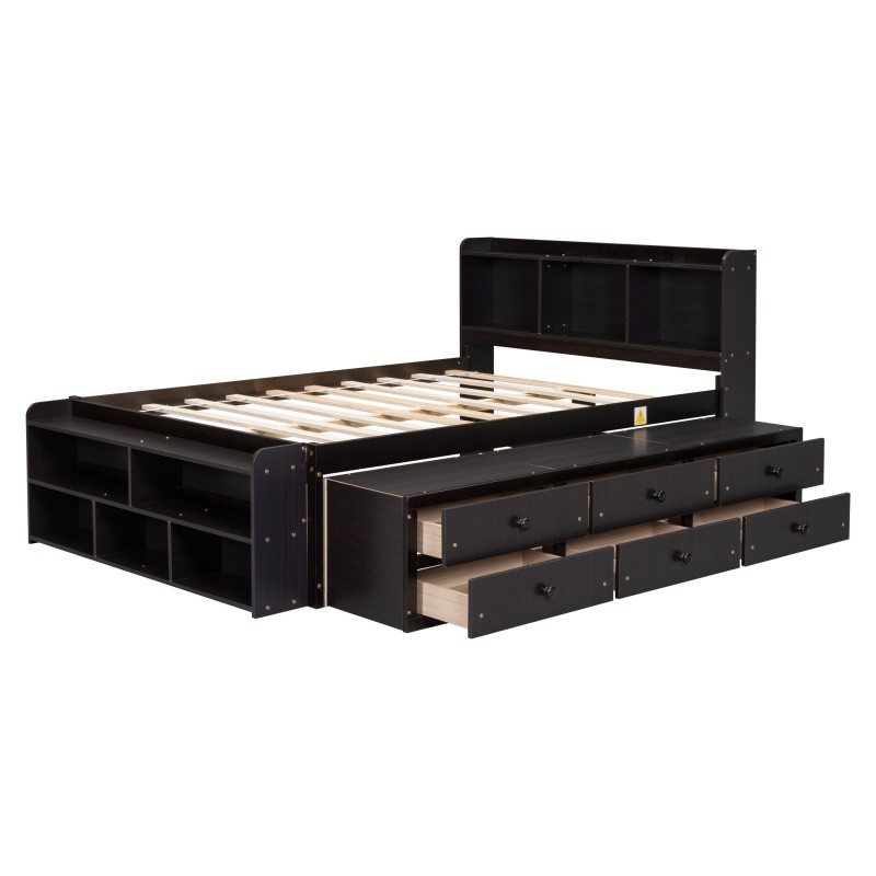 Full Size Wood Storage Bed w/Bookcase,6 Drawers & Bed End Storage Case Espresso