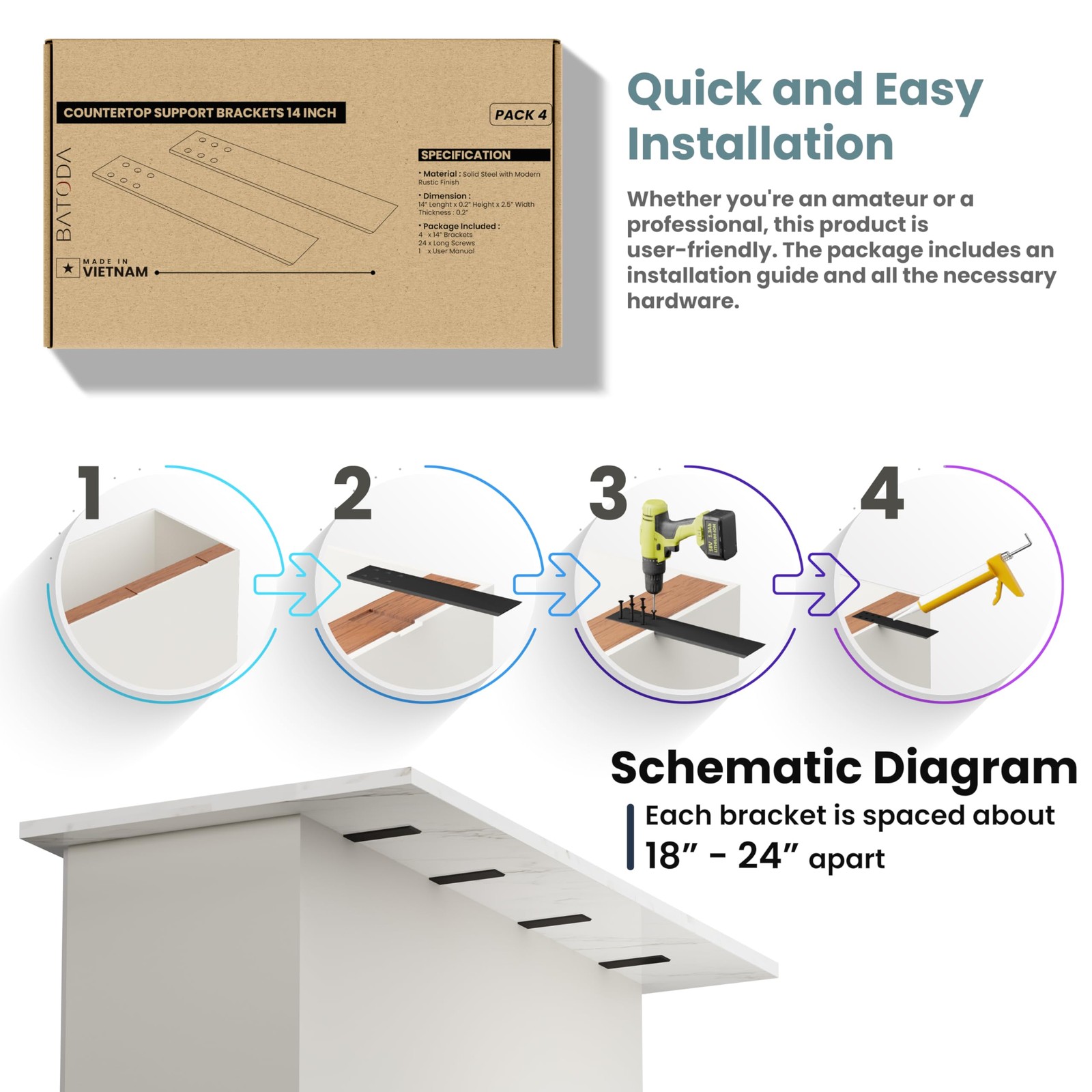 Countertop Support Brackets 14″ Heavy Duty 300lbs Load – Set of 4 for Granite