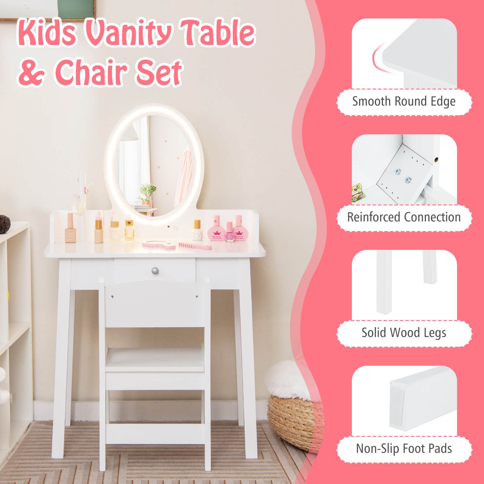 Kids Vanity Table w/Lighted Mirror & Chair 2-Color LED Lighting Drawer for Girls