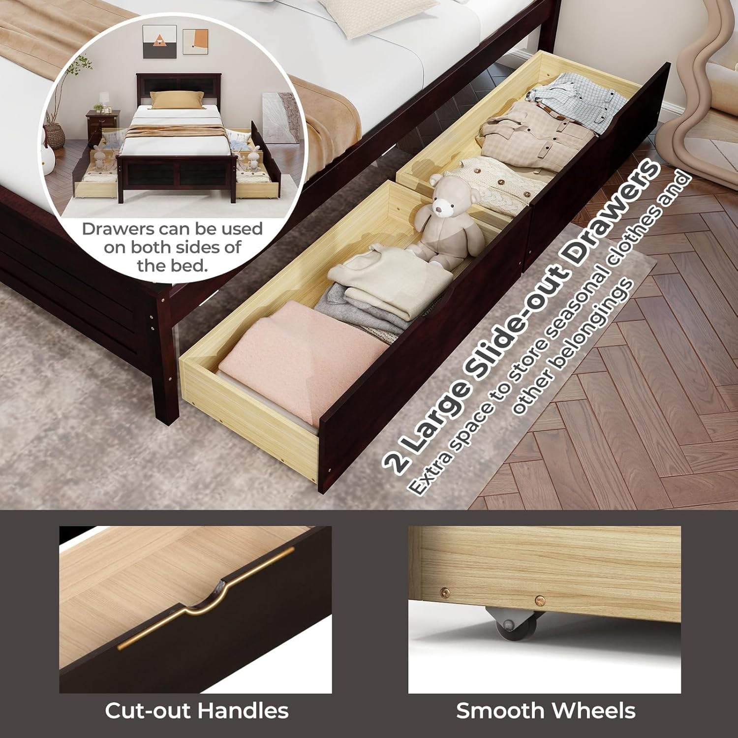Espresso Twin Bed Frame with Storage Drawers, Solid Wood Platform for All Ages