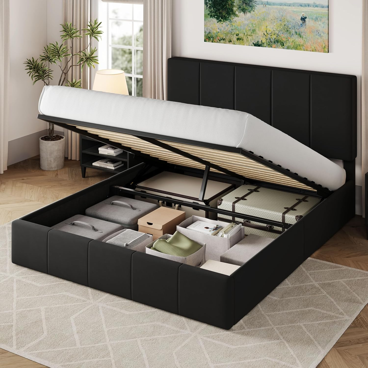 Queen Size Velvet Lift up Storage Bed Frame, Vertical Channel Tufted Headboard,