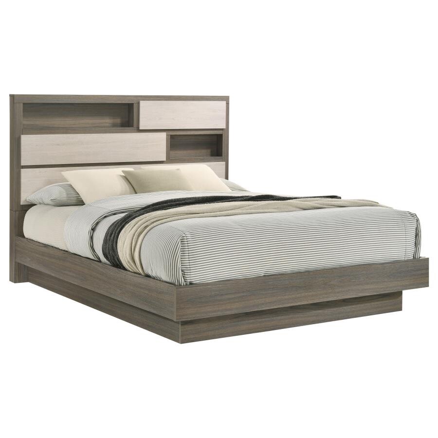 4 PC RUSTIC GREY OAK BOOKCASE HEADBOARD QUEEN BED DRESSER BEDROOM FURNITURE SET