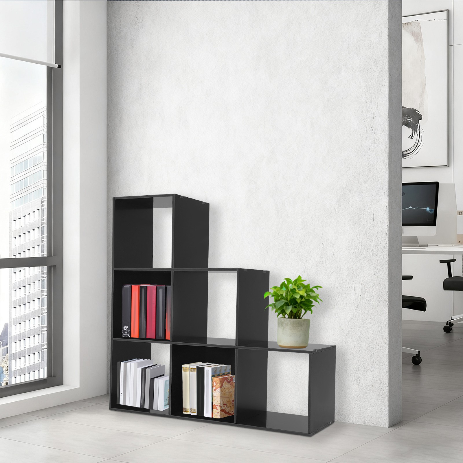 L-Shaped Storage Bookcase 6-cube Stepped Corner Shelf Book Rack Black Indoor NEW