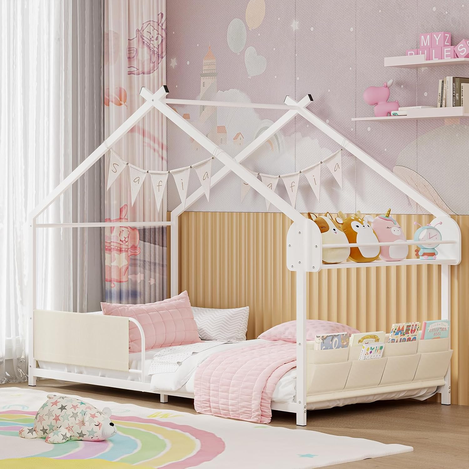 Twin Size House Bed with Storage Rack and Caddy Montessori House Shape Bed Metal