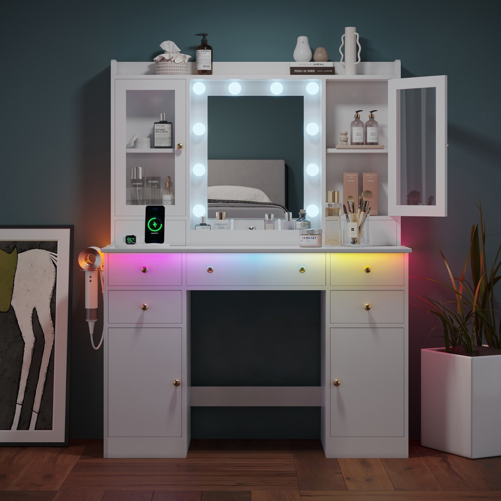 Vanity Desk with Lighted Mirror & Power Outlet, Dressing Table Makeup Bedroom