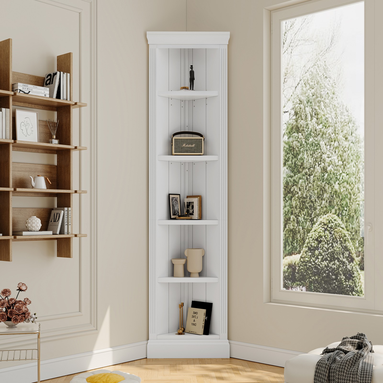 5 Tier Corner Shelf Unit, White, 83.4″H, 55 lbs Capacity