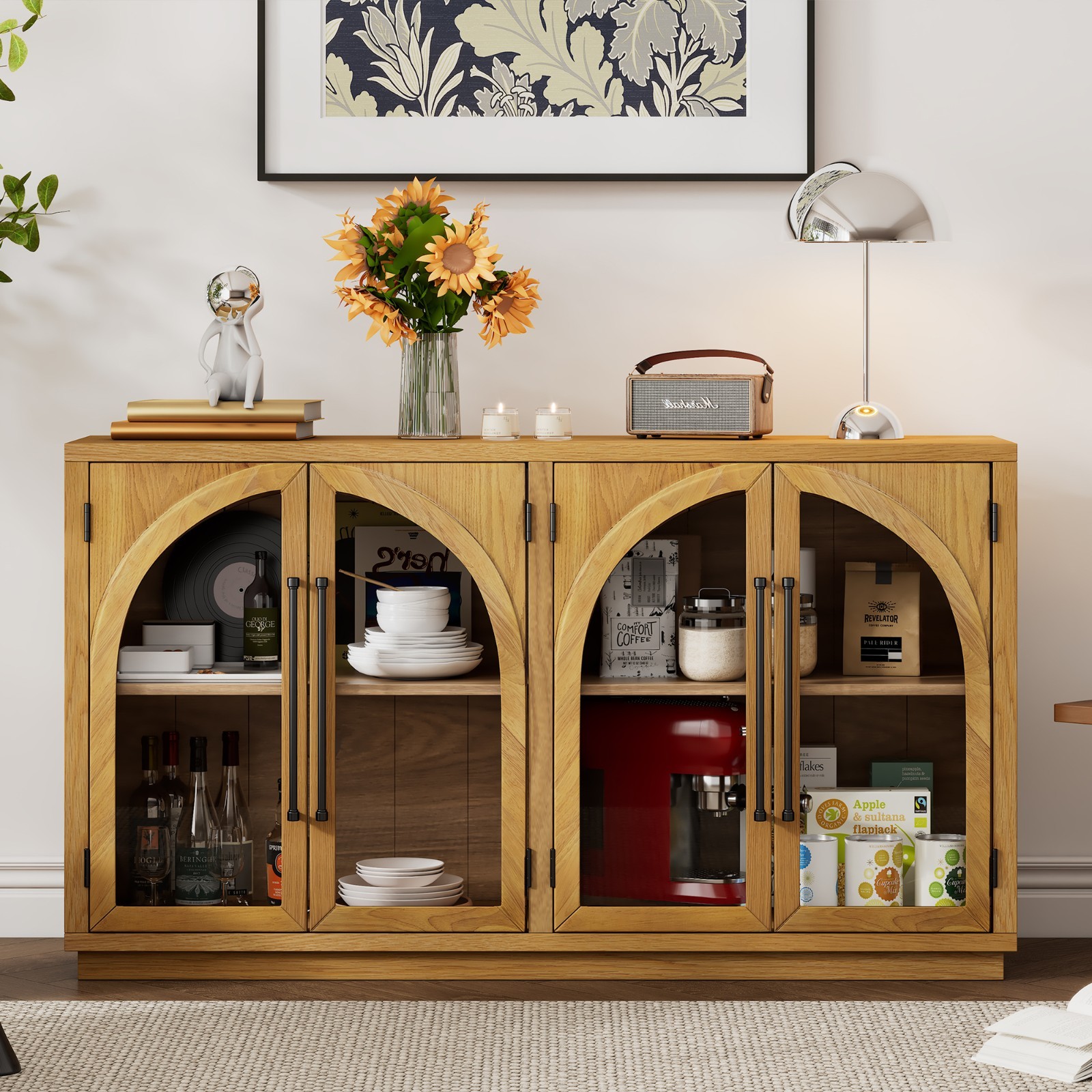 4-Door Storage Sideboard Buffet Cabinet with Glass Doors & Adjustable Shelf