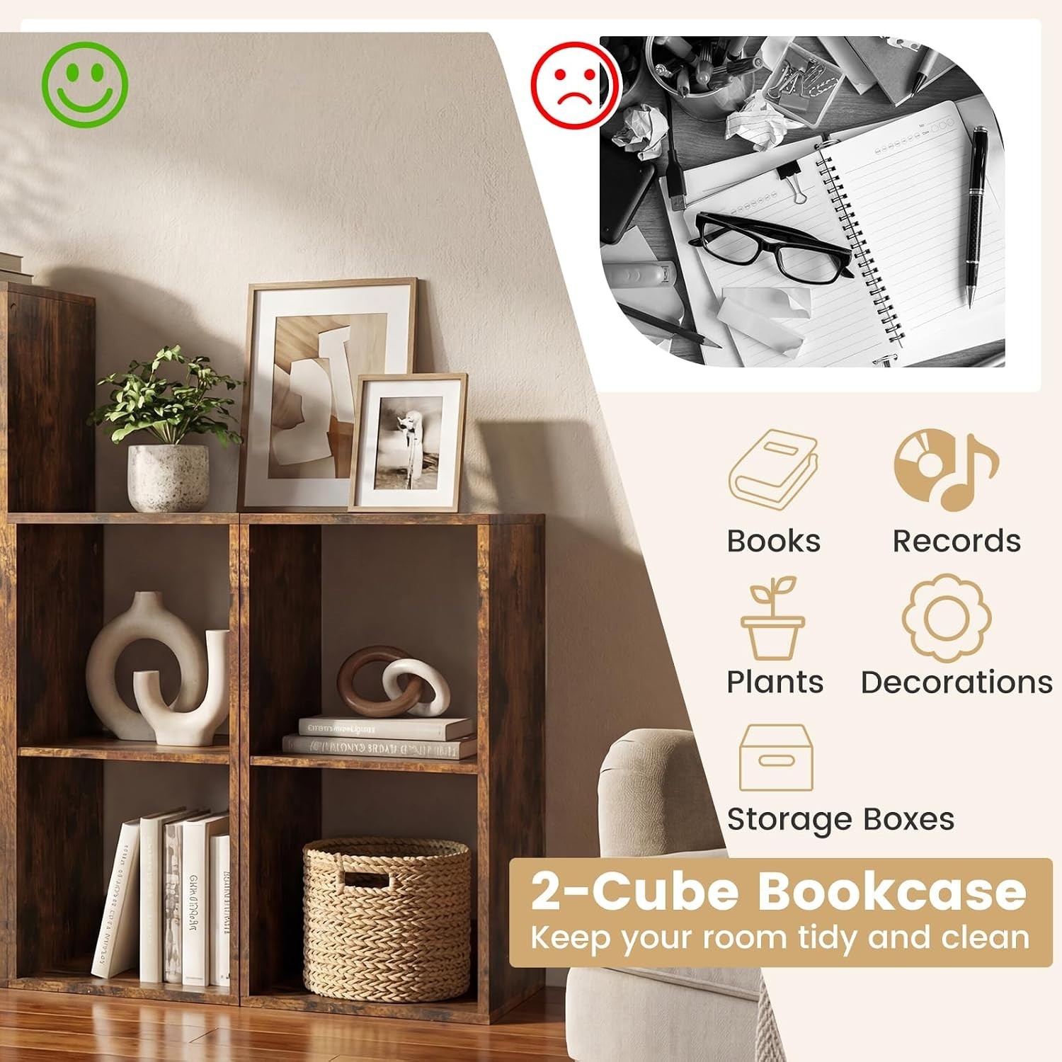 2-Cube Bookcase, Cubby Bookshelf w/Back Guardrail & Anti-Tipping Kits, 3-Tier…