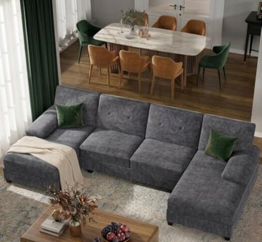 U-Shaped Sectional Sofa with Double Chaise,Linen Fabric 4-Seat Charcoal Grey