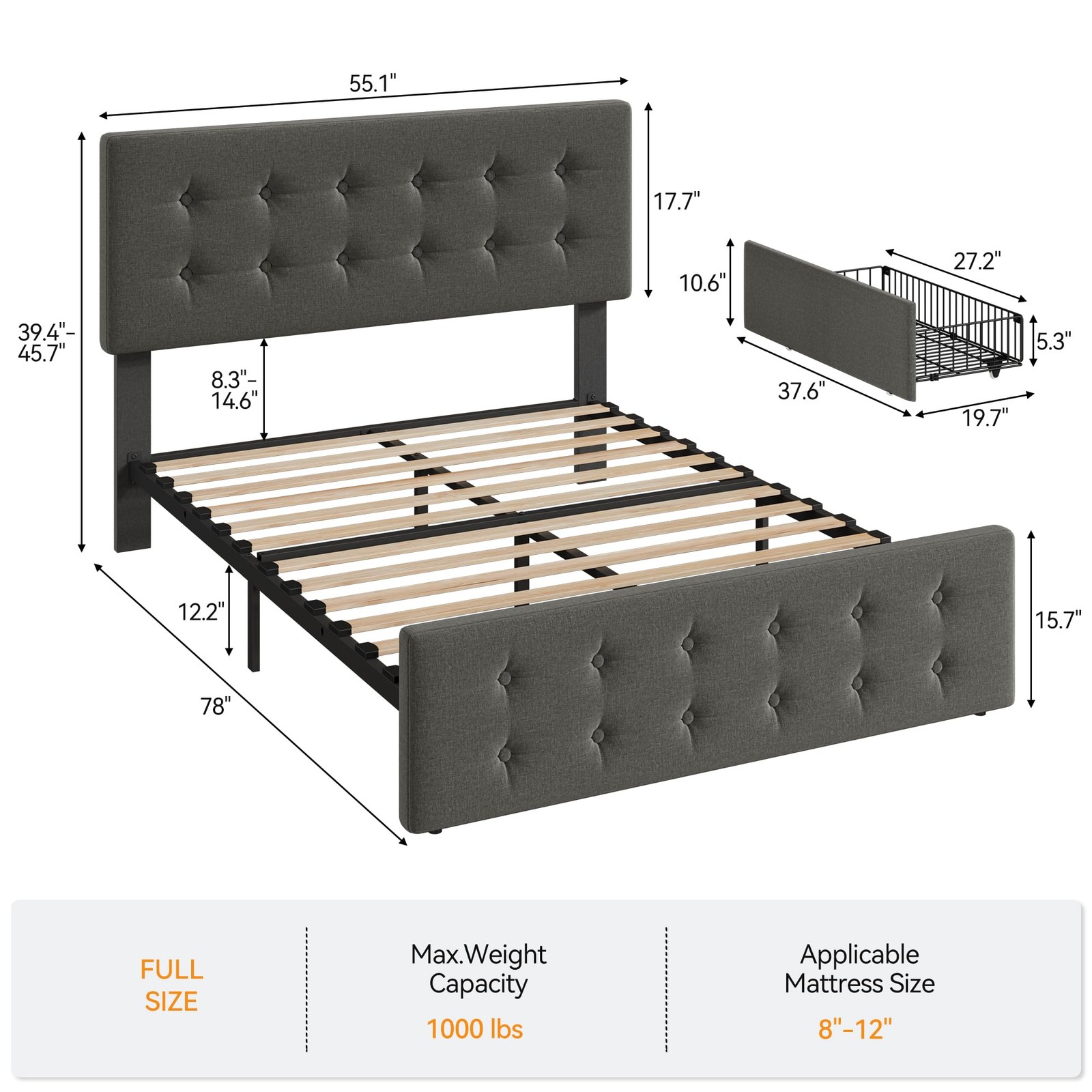 Full Size Bed Frame, Upholstered Platform Bed Frame with 4 Storage Drawers