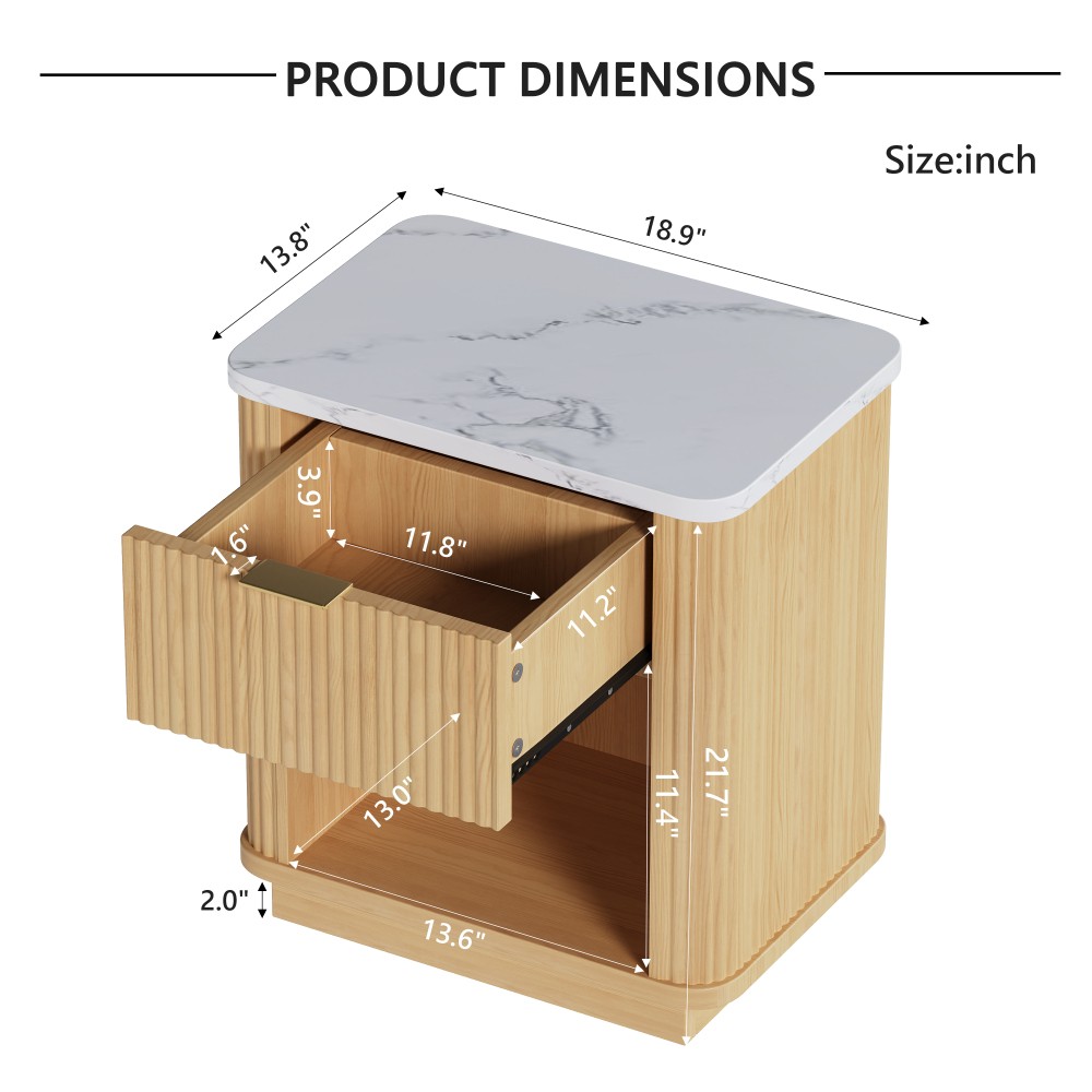 Natural Wood Finish Fluted Nightstand with Storage Drawer and Open Shelf