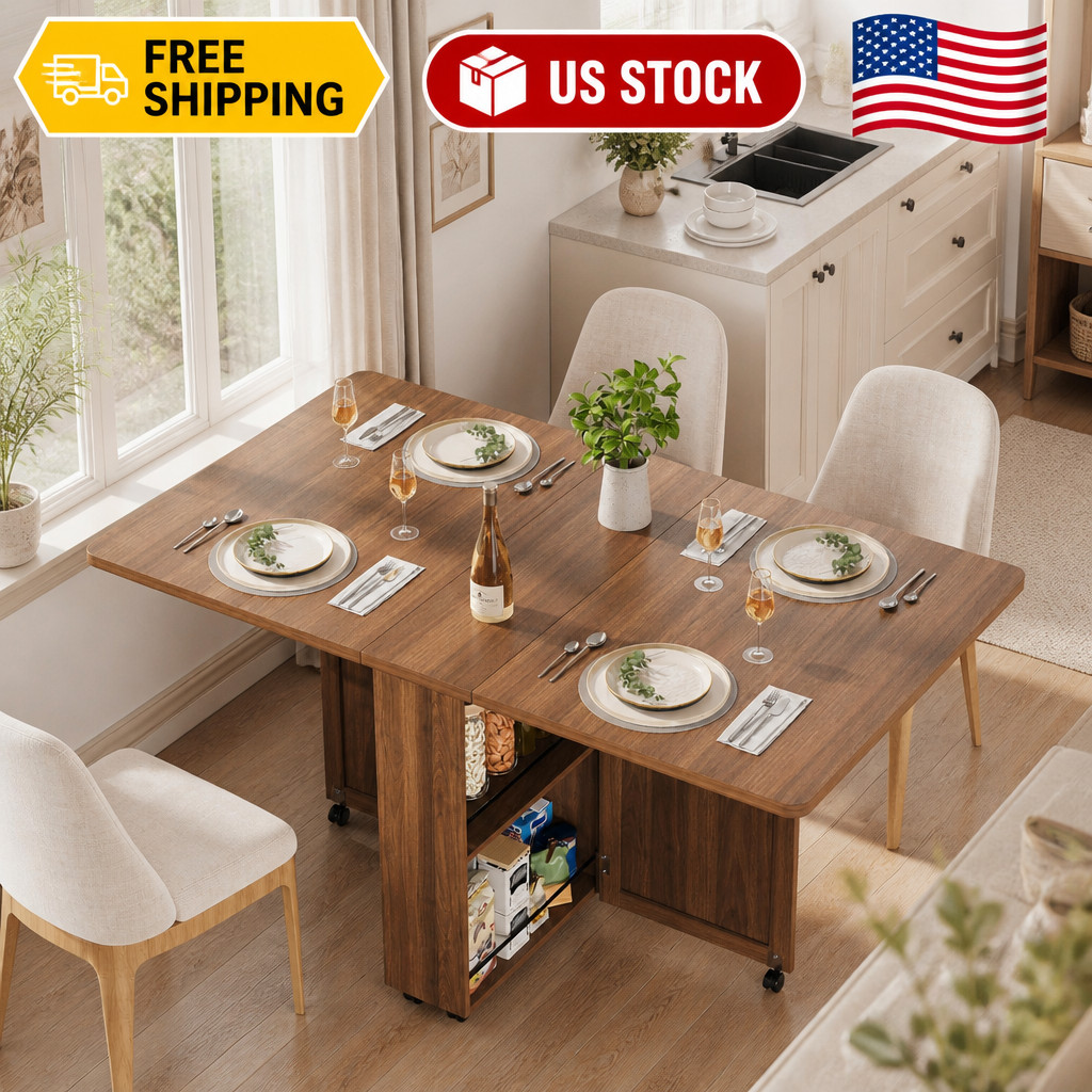 Folding Dining Table with Storage, Space Saving Kitchen Table with 6 Wheels