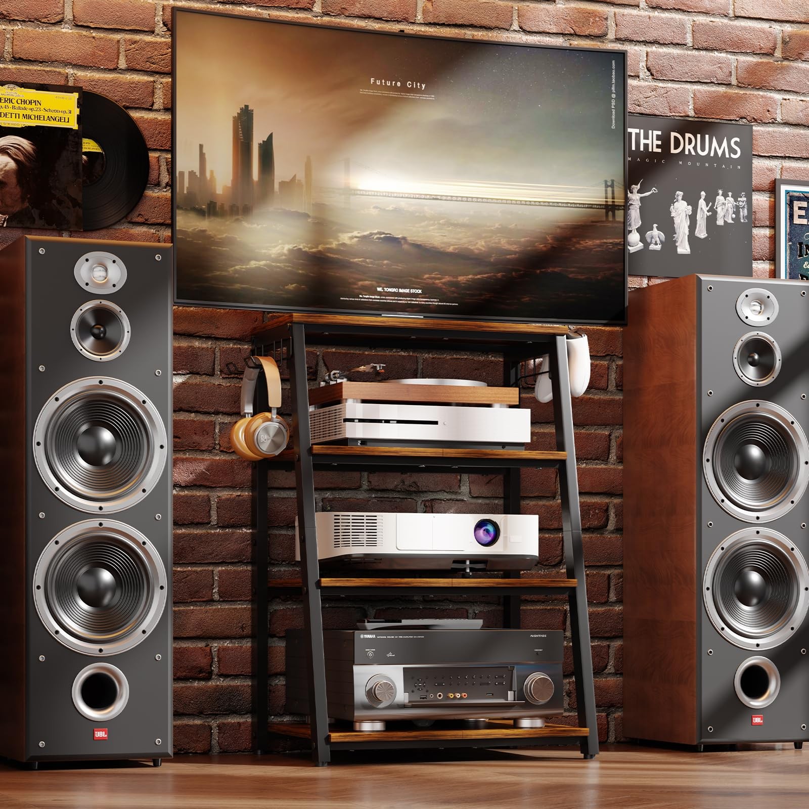 4-Tier AV Media Stand with 2 Hooks,Heavy Duty Stereo Cabinet Furniture-Large …
