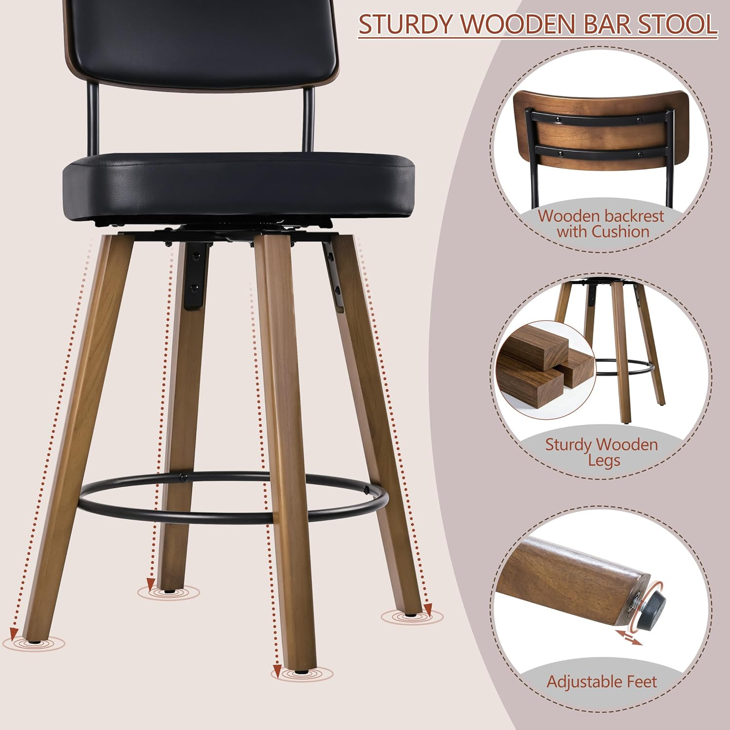 Modern 25″ Faux Leather Counter Height Bar Stools with Wooden Legs, Black