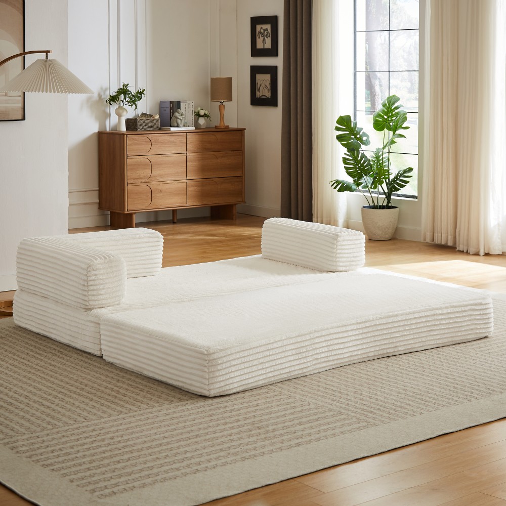 Beige Corduroy Loveseat Sofa, Plush Cloud Couch Design w/ No Assembly