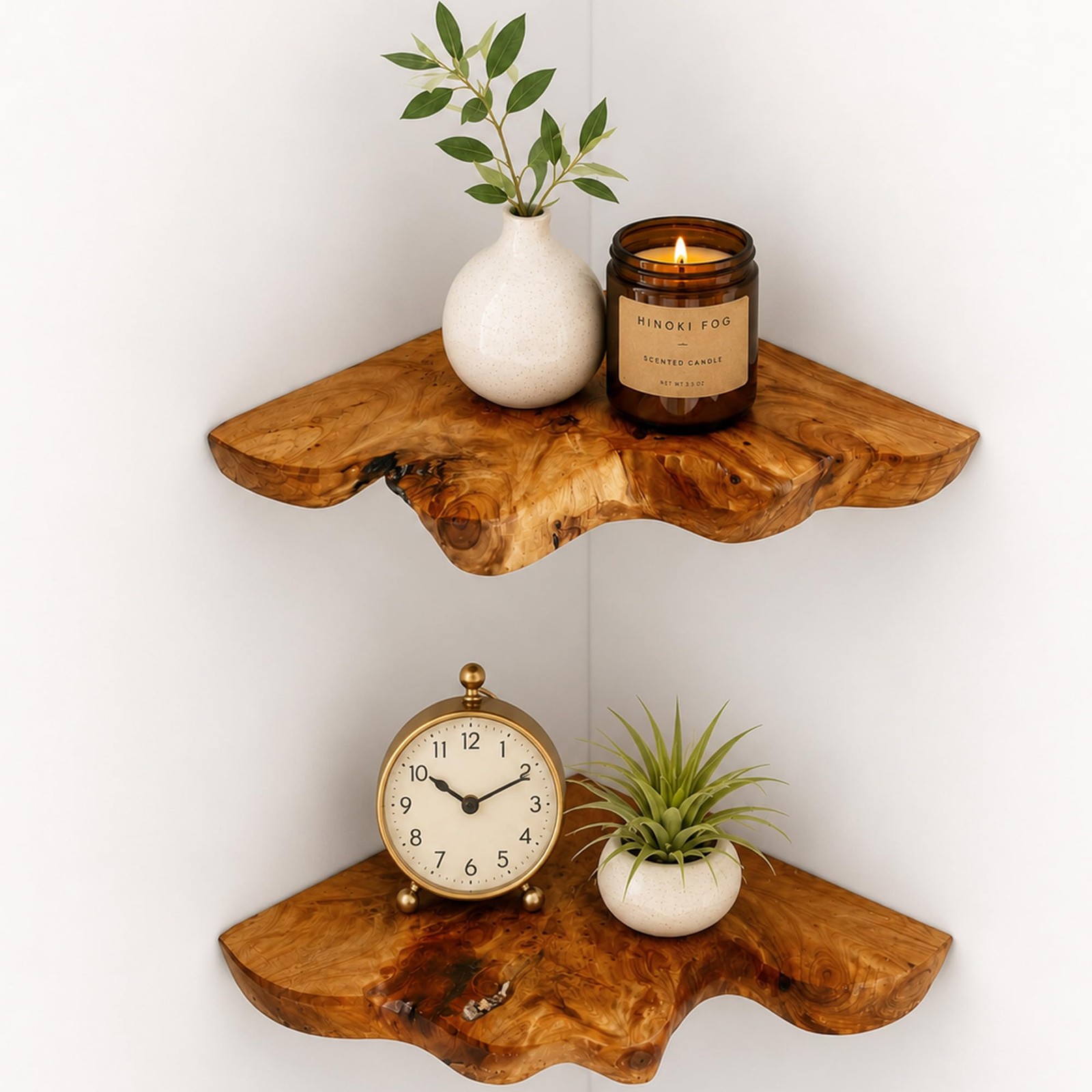 2 PCS 7×7 Inch Floating Corner Shelf Handcrafted Cedar Root Wood Wall Decor